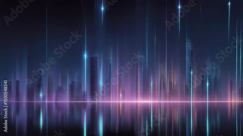 Futuristic city skyline with neon-lit skyscrapers and glowing digital lines symbolizing advanced technology and urban progress