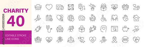 Charity icon set. Containing donation, volunteer, humanitarian, help, support, social care, friendship, fundraising, volunteering and more. Editable line icons. Vector illustration.
