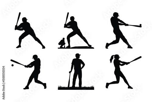 Baseball Player Silhouette Icons Vector Bundle of 6 Action Poses