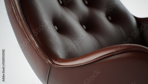 Close-up of a dark brown leather armchair with button tufting and defined seams, showcasing its smooth, curved form against a bright background