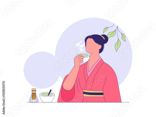 Girl drinking green tea. Tea illustration. Flat outline vector illustration concept.