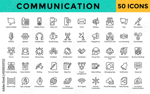 Communication icons set with speech bubble, telephone, mobile phone, video call, text message, email, mailbox, newsletter, chat, microphone icon. Simple line vector 
