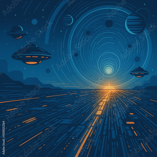Futuristic sci-fi landscape with flying UFOs, digital grid surface, and cosmic elements in vibrant neon colors.