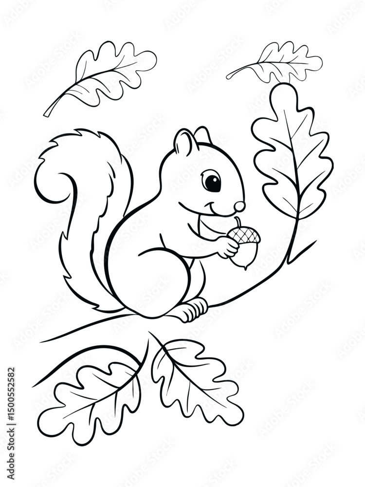 Fototapeta premium Cartoon Squirrel Holding Acorn on Tree Branch