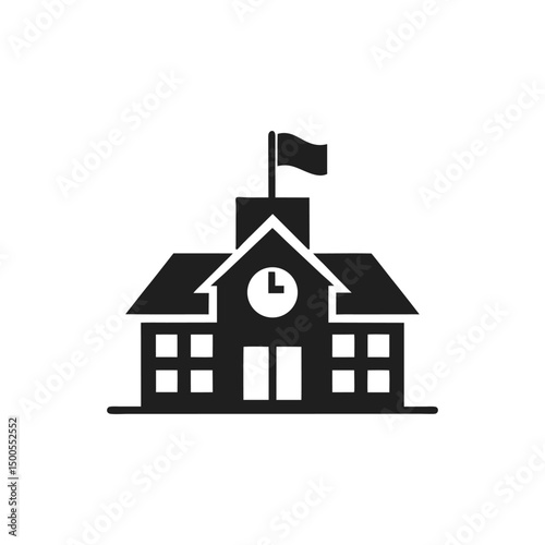 School Building Silhouette with Clock Tower Icon