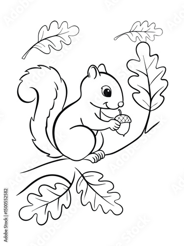 Cartoon Squirrel Holding Acorn on Tree Branch