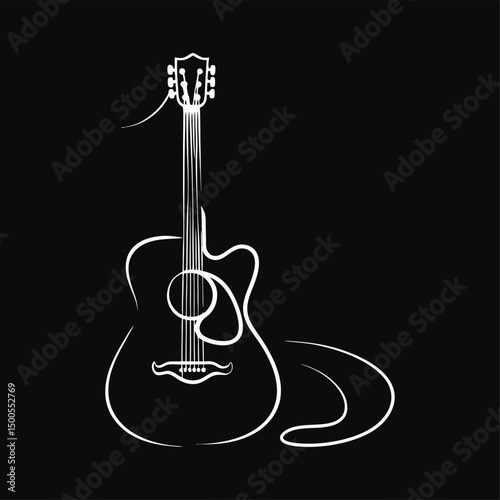 White Line Acoustic Guitar on Black Background