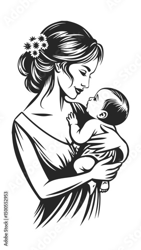 Mother and Baby Classic Line Art Illustration