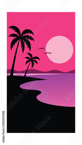 Tropical Beach Scene with Pink and Yellow Gradient