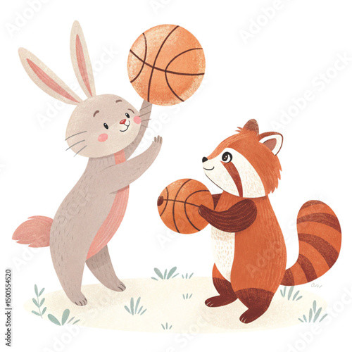 Cute Red panda And the rabbit holds a basketball. of sports Minimal Clipart  White Background Clipart Watercolor	