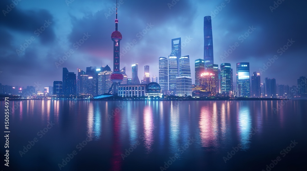 Fototapeta premium Stunning Shanghai Skyline Night View Modern Cityscape Architecture Asia blue pink dark urban water 