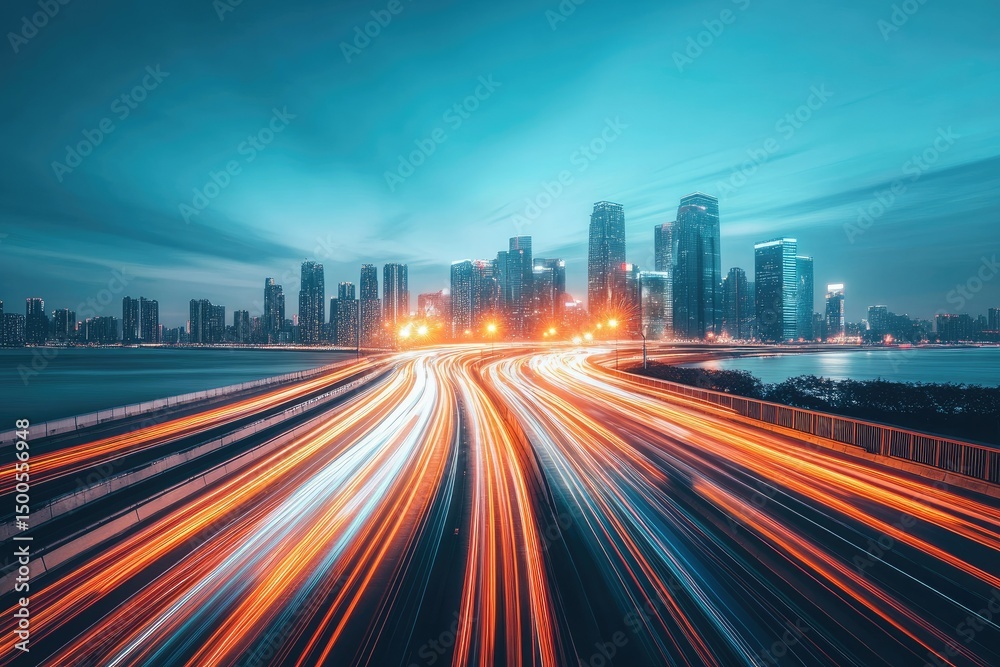 A vibrant cityscape at twilight, with streaking light trails from fast-moving vehicles on a highway curving towards a modern skyline A vibrant cityscape at twilight, with streaking light trails from fast-moving vehicles on a highway curving towards a modern skyline