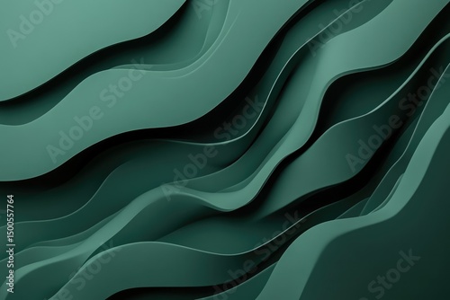 Abstract teal wave pattern, undulating 3D forms creating a depth effect with subtle shadows and smooth, curved lines