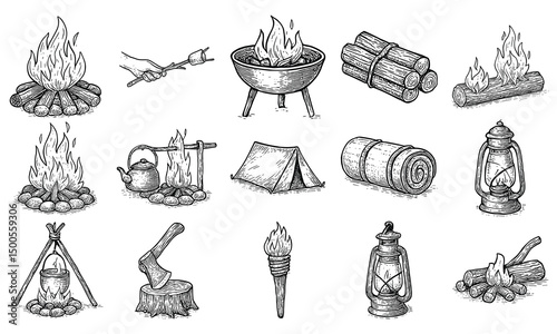 Vintage Campfire Camping Elements Set