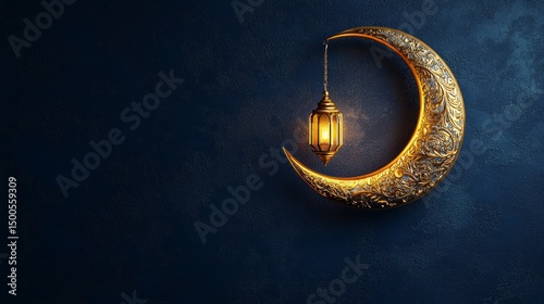 Golden Crescent Moon Lantern Against Navy Blue Background for Nighttime Themes