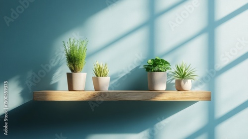 Bright Indoor Plant Shelf with Natural Light and Shadow on Blue Wall Background