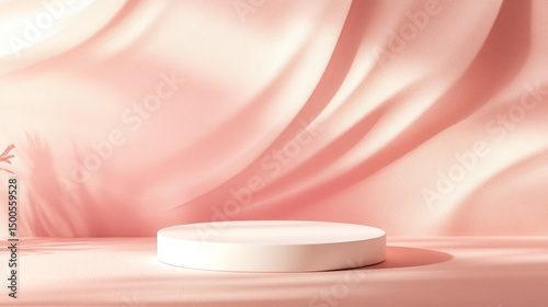 Elegant Minimal Display Platform on Soft Pink Fabric with Subtle Shadows and Lighting Effects