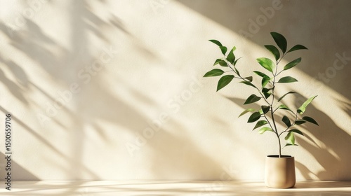 Minimalist Room Corner with Plant and Soft Shadows Creating a Serene Atmosphere in Natural Light