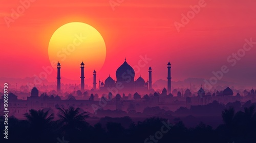 Majestic Mosque Silhouette Against Vibrant Sunset with Gradient Sky in Background