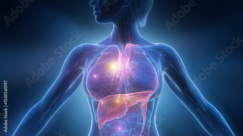 Detailed Anatomical Illustration of a Woman's Internal Organs Highlighting the Lungs and Liver