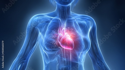 Detailed Medical Illustration of Human Anatomy Focusing on Female Heart and Circulatory System