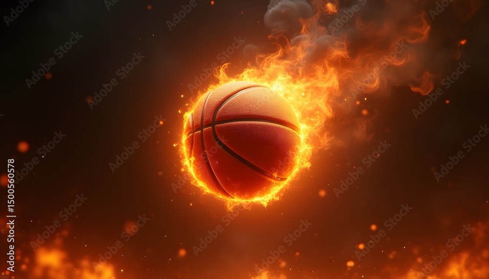 Fototapeta premium Fiery basketball breaking through black smoke