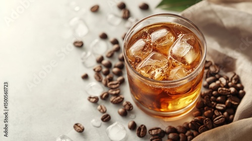 Refreshing Cold Brew Coffee with Ice and Coffee Beans in a Glass on a Light Background