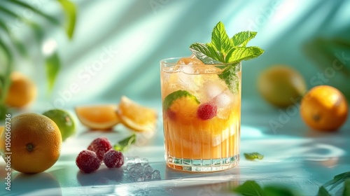 Refreshing Cold Fruit Smoothie in Glass with Mint and Ice on Bright Blue Surface