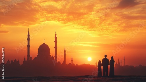 Family Silhouettes Praying at Mosque During Golden Sunset with Beautiful Sky Colors