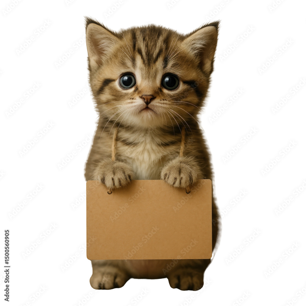 PNG Adorable kitten holding blank sign. PNG Adorable kitten holding blank sign.