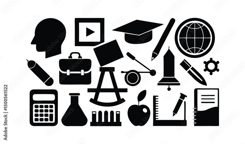 Fototapeta premium Education silhouette icon set including books, pencil, ruler, blackboard, and graduation cap. Designed for school apps, e-learning, and educational print.