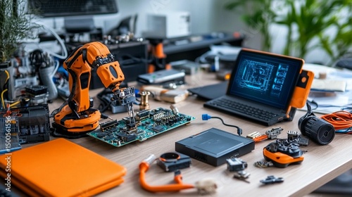 Robotics workshop desk with orange robotic arm, circuit boards, and various electronic components