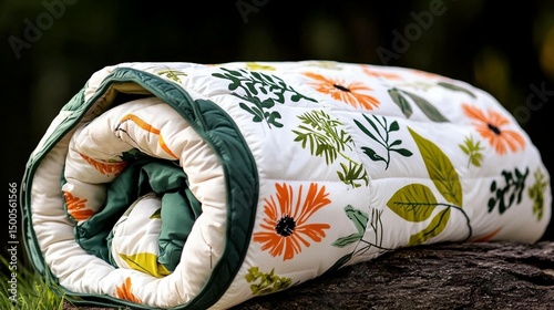 Rolled-up quilted blanket with floral and leaf design, in cream, orange, and green.  Soft, cozy feel