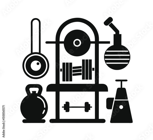 Fitness and gym equipment silhouette vector icon set in black style. Includes dumbbell, barbell, treadmill, and kettlebell icons. Ideal for web UI, mobile apps, and health-related print.