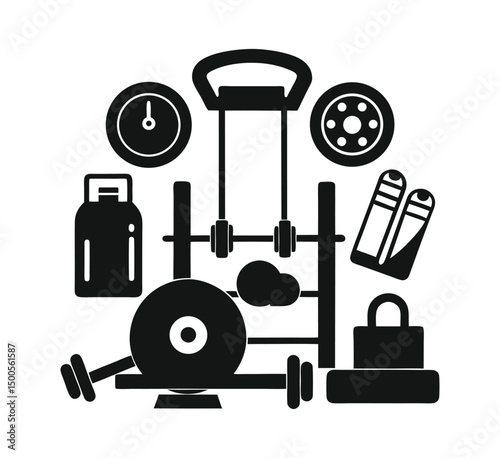 Fitness and gym equipment silhouette vector icon set in black style. Includes dumbbell, barbell, treadmill, and kettlebell icons. Ideal for web UI, mobile apps, and health-related print.