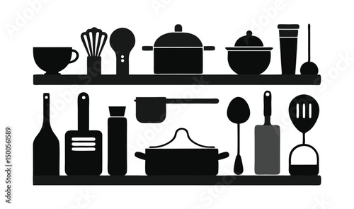 Silhouette vector icons of kitchen utensils and cooking tools in black style. Includes spoon, fork, knife, whisk, pot, and pan. Perfect for food, recipe, and culinary designs.