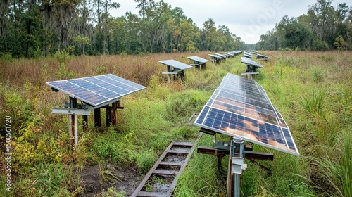 Rows of solar panels in a field,  mounted on simple wooden supports, extending into a distant forest.  Wet grass and metal supports