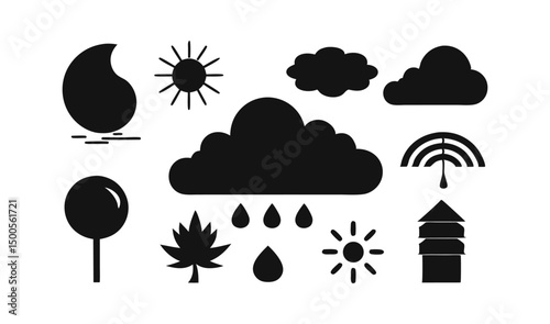 Weather silhouette icon set includes sun, rain, cloud, snow, storm, and wind symbols in black minimal style. Ideal for climate, forecast, and weather UI.