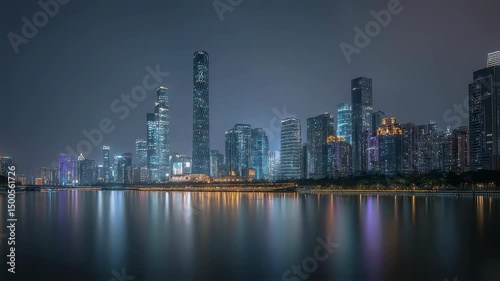 Guangzhou city skyline with modern skyscrapers and pearl river waterfront under twilight sky in china