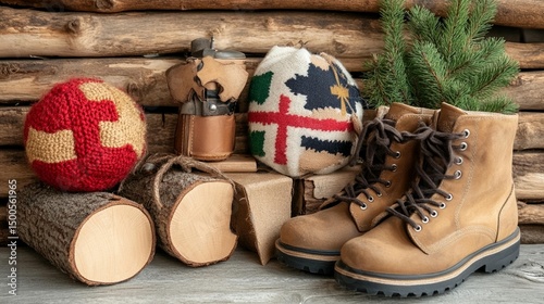 Rustic camping gear, warm knit hat, hiking boots, and a ball rest on logs