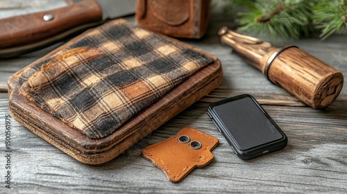Rustic, handcrafted leather goods and accessories, including a wallet, knife, and a small device, displayed on a weathered wooden surface