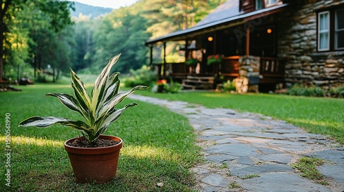 Rustic home in the woods, with a unique plant in a pot
