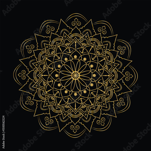 Ornate Golden Mandala Illustration with Intricate Geometric Patterns on a Solid Black Background