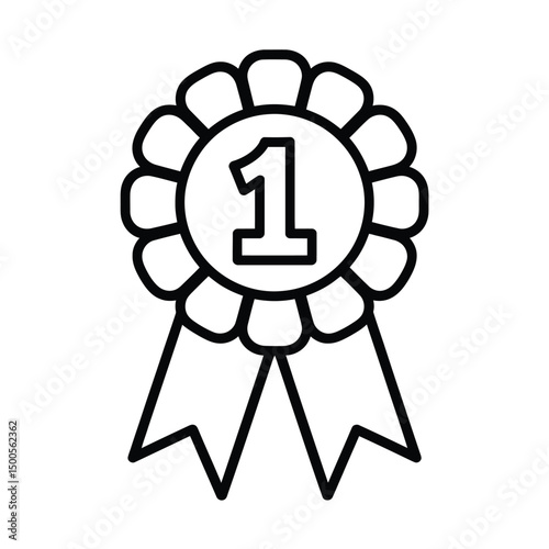 First Place Award Ribbon Icon in Black and White Outline Style