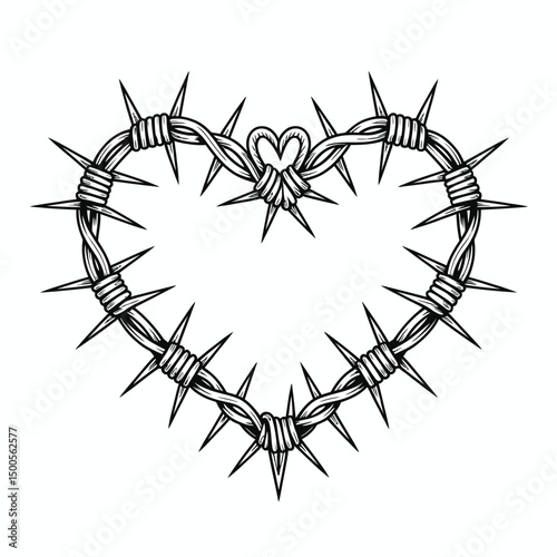 Barbed wire heart shape black and white illustration love danger