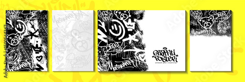 Modern graffiti art poster or flyer design with tags, throw up. Hand-drawn abstract graffiti illustration vector template with spray painted effects