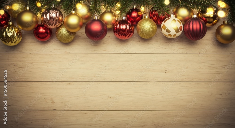 Naklejka premium Photo of Christmas Ornaments and Garland with Wooden Background