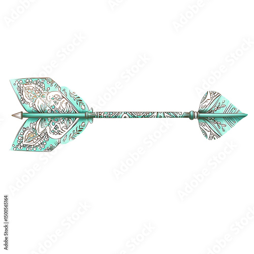 Artistic Arrow with Intricate Delicate Patterns in Turquoise Isolated on Transparent Background