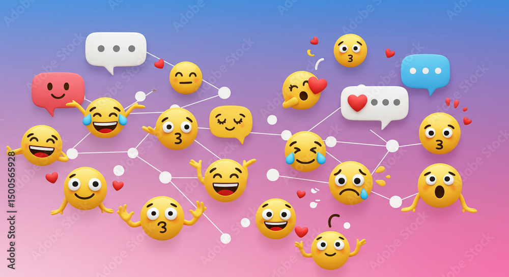 Vibrant 3D Emojis Connected in a Social Media Network: Illustrating Online Communication, Emotions, and Relationships Vibrant 3D Emojis Connected in a Social Media Network: Illustrating Online Communication, Emotions, and Relationships