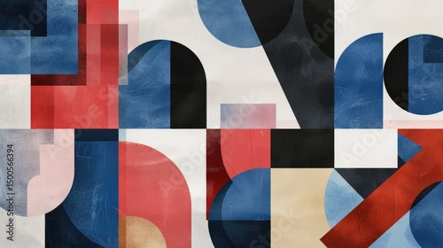 Abstract geometric composition featuring shapes in red, blue, black, and beige tones.